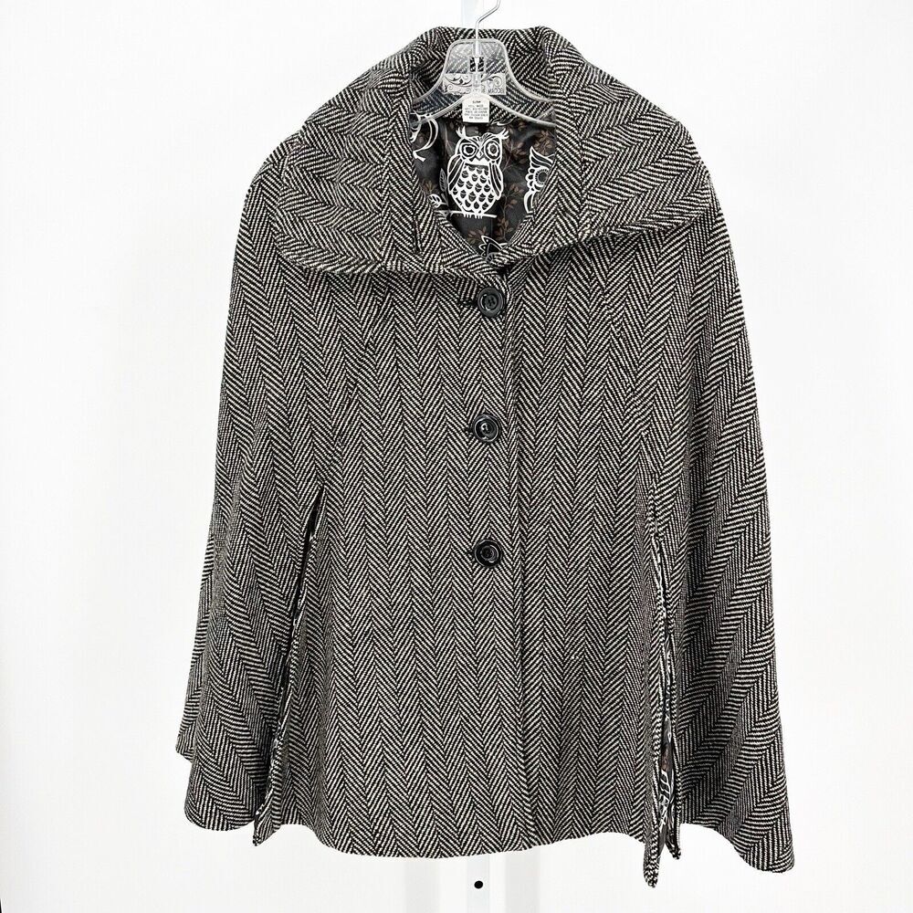 Steve Madden Cape Coat Herringbone Wool Blend Owl Lining Black White S/M Preppy
